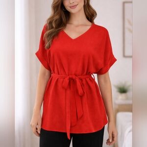 Tomato Red Short Sleeve Tie-Waist Belted Maxi Blouse